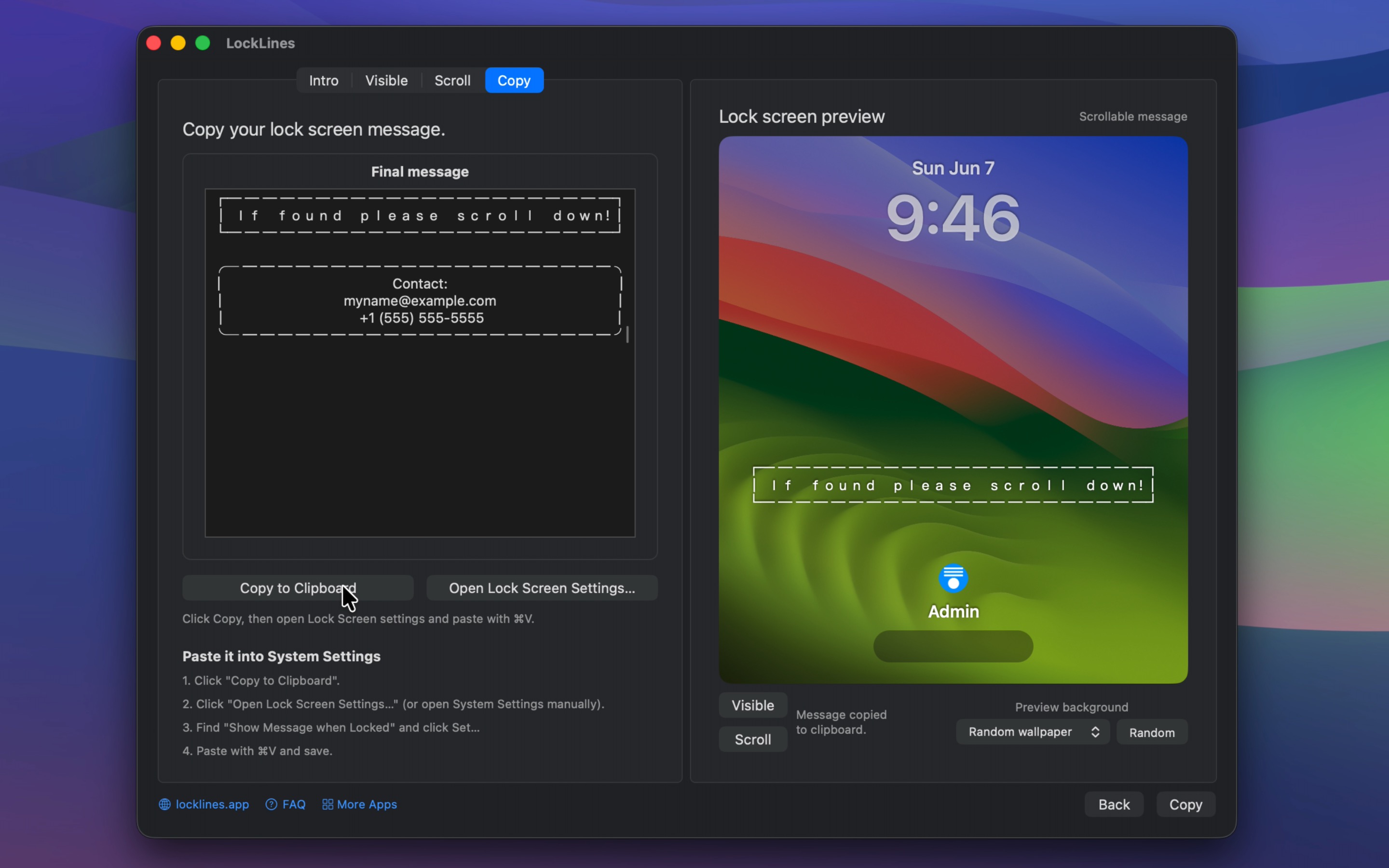 LockLines copy screen showing the final lock screen message and lock screen preview