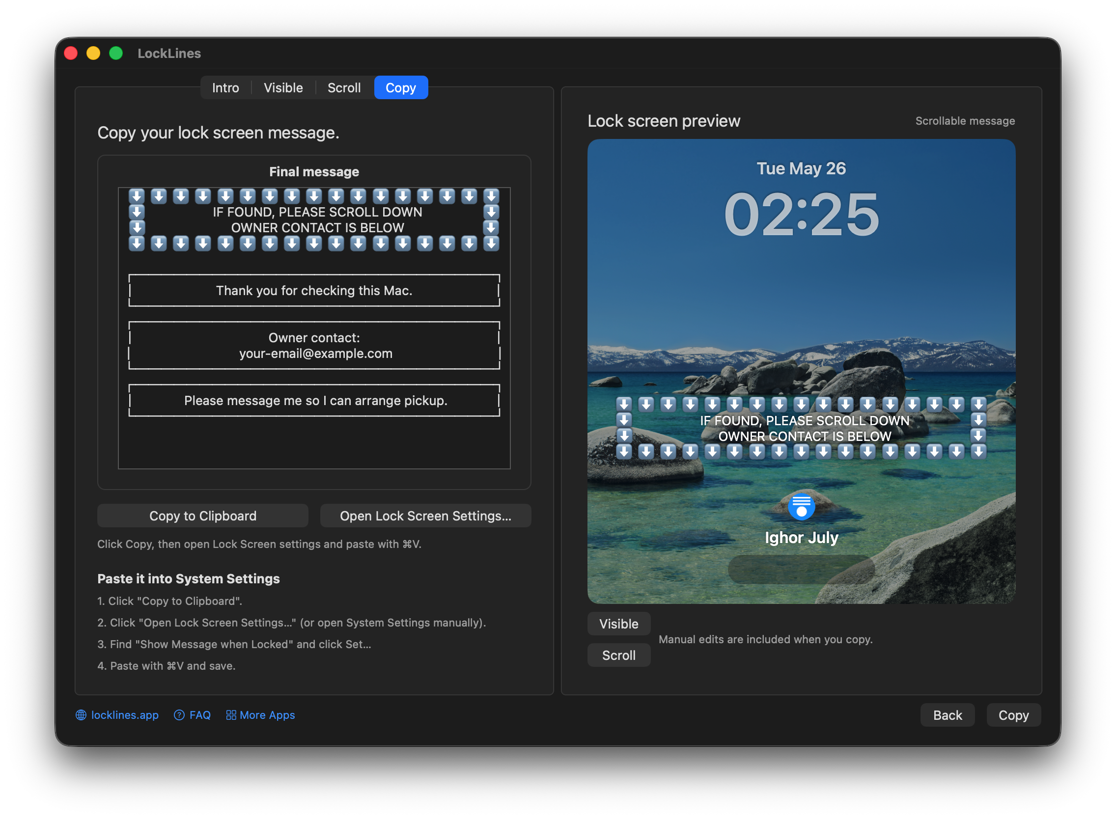 LockLines copy screen showing the final lock screen message and lock screen preview