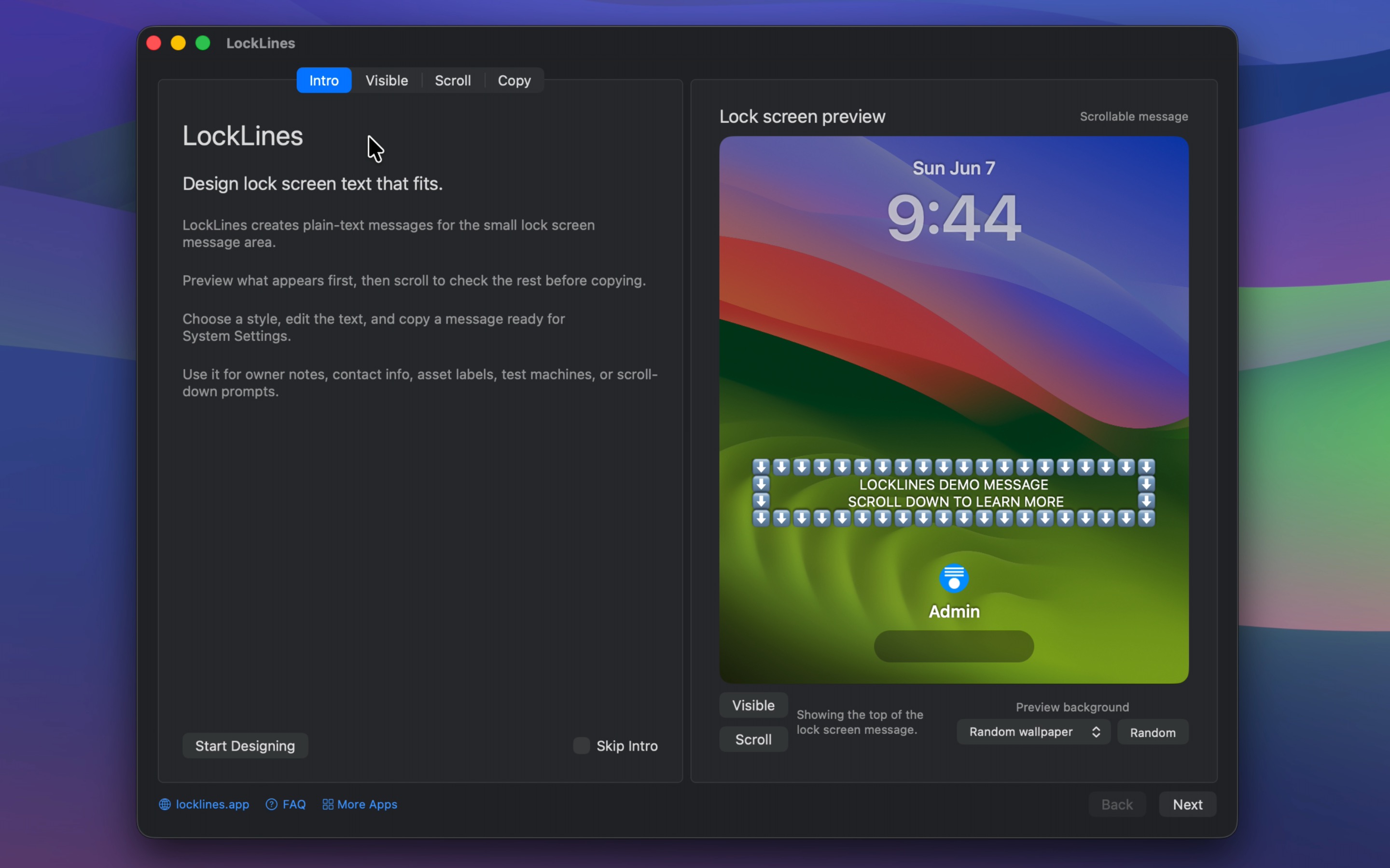 LockLines intro screen with app explanation