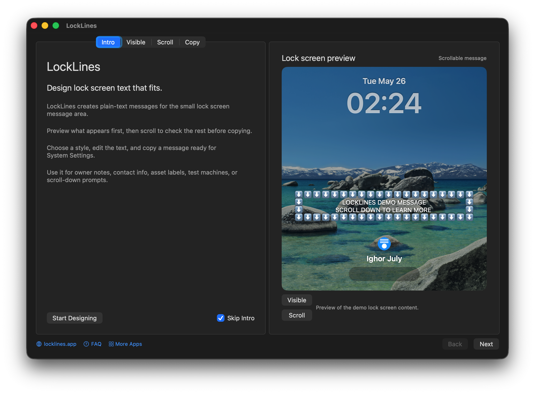 LockLines intro screen with app explanation