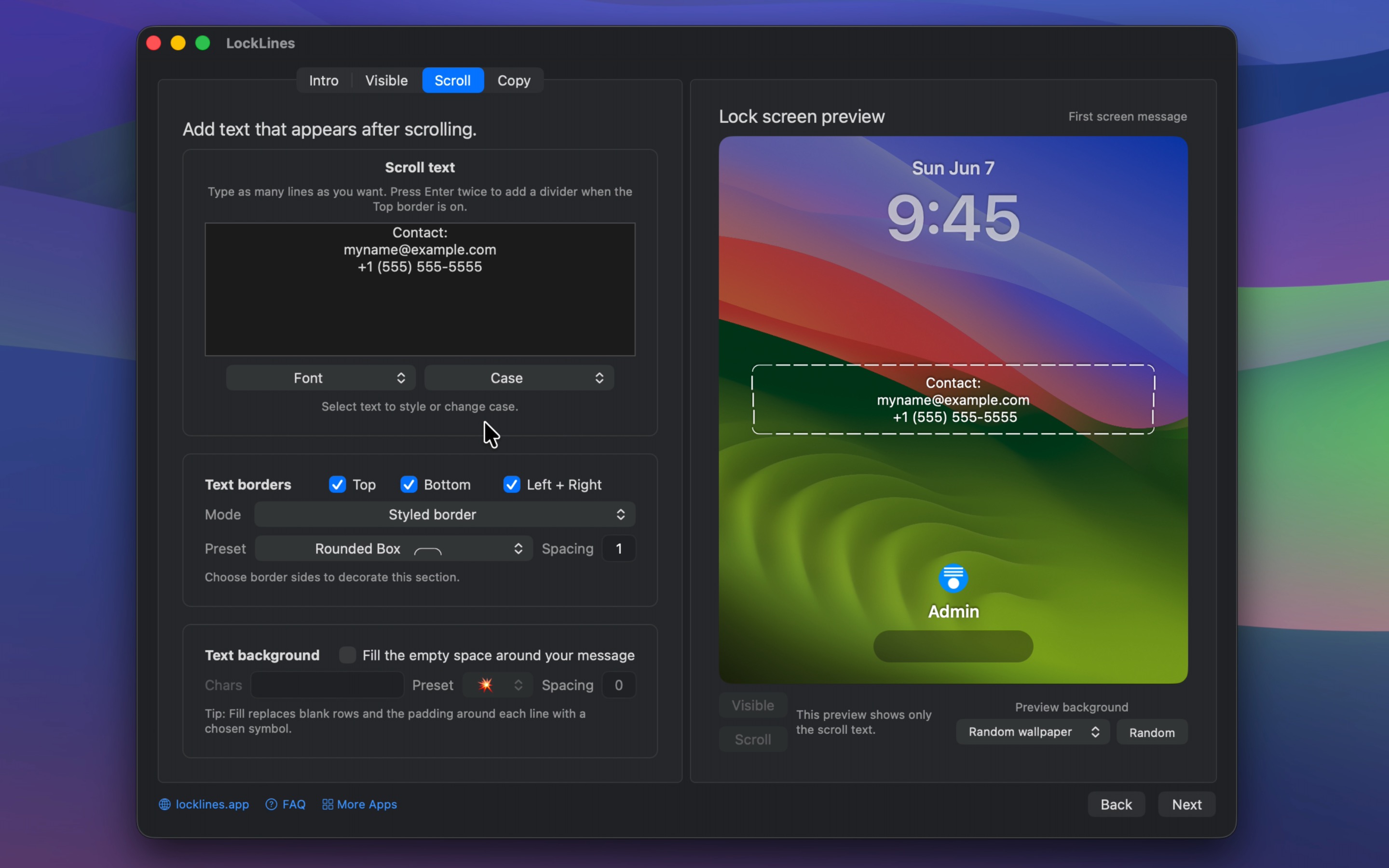 Scroll text editor with lock screen preview