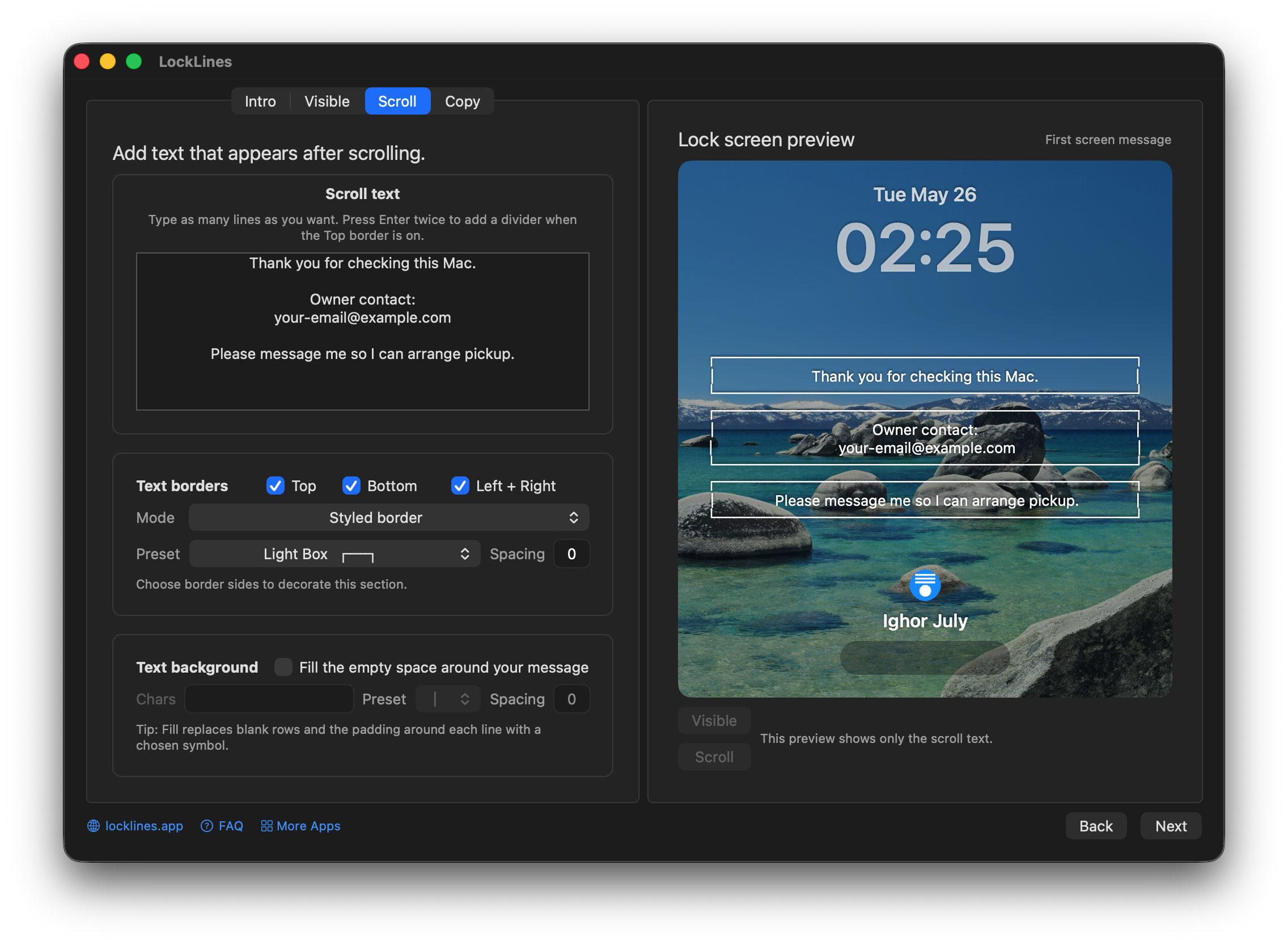 Scroll text editor with lock screen preview