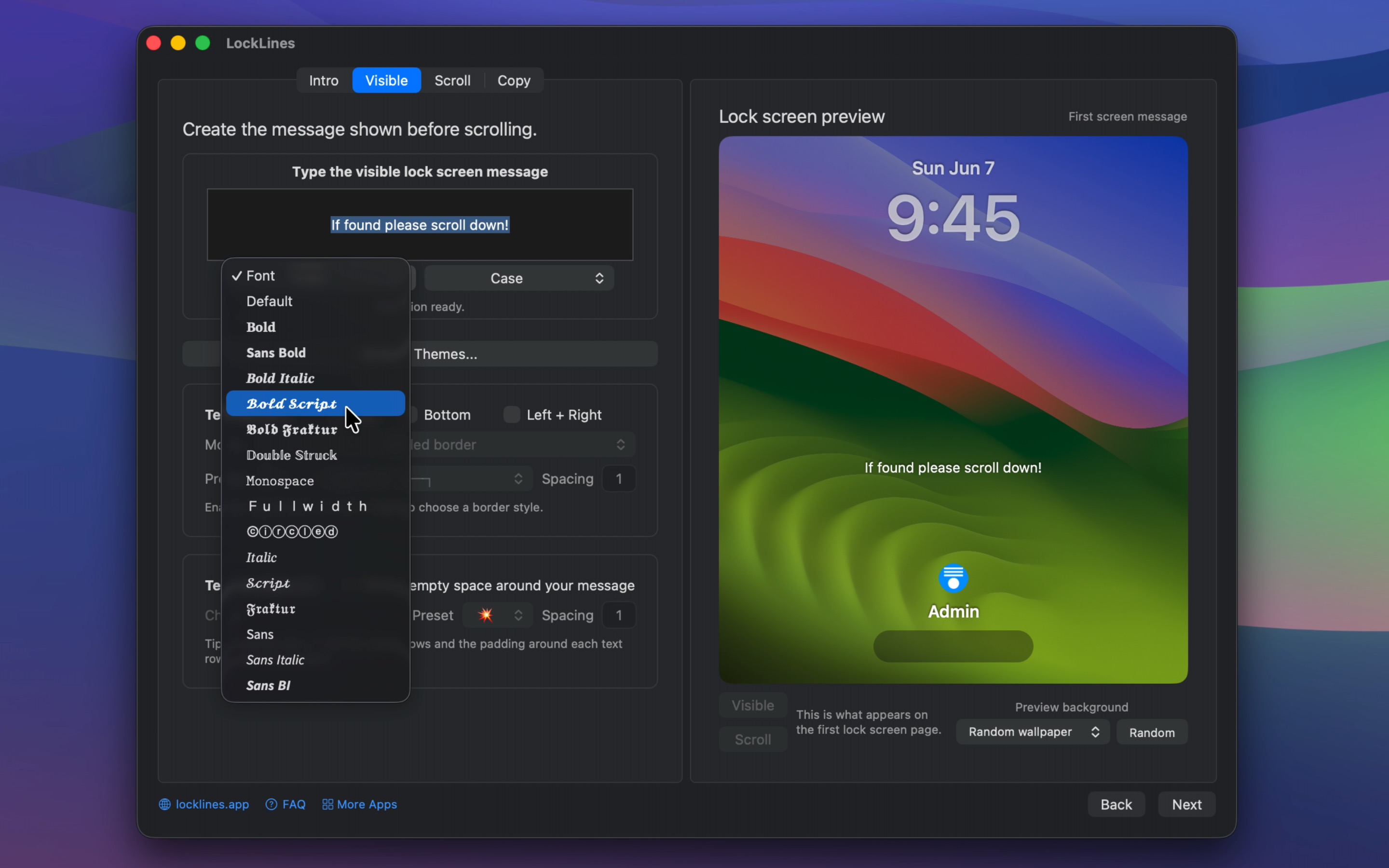 Visible message editor with lock screen preview
