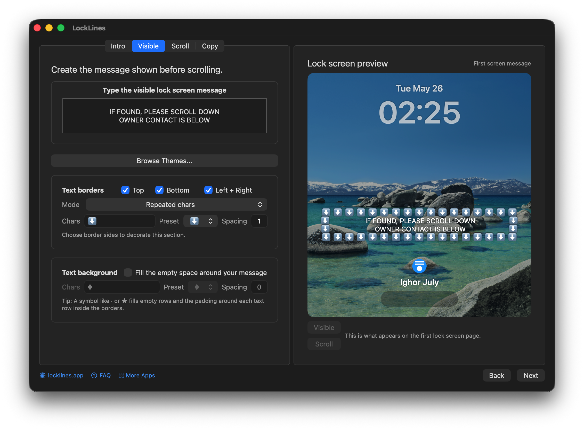 Visible message editor with lock screen preview